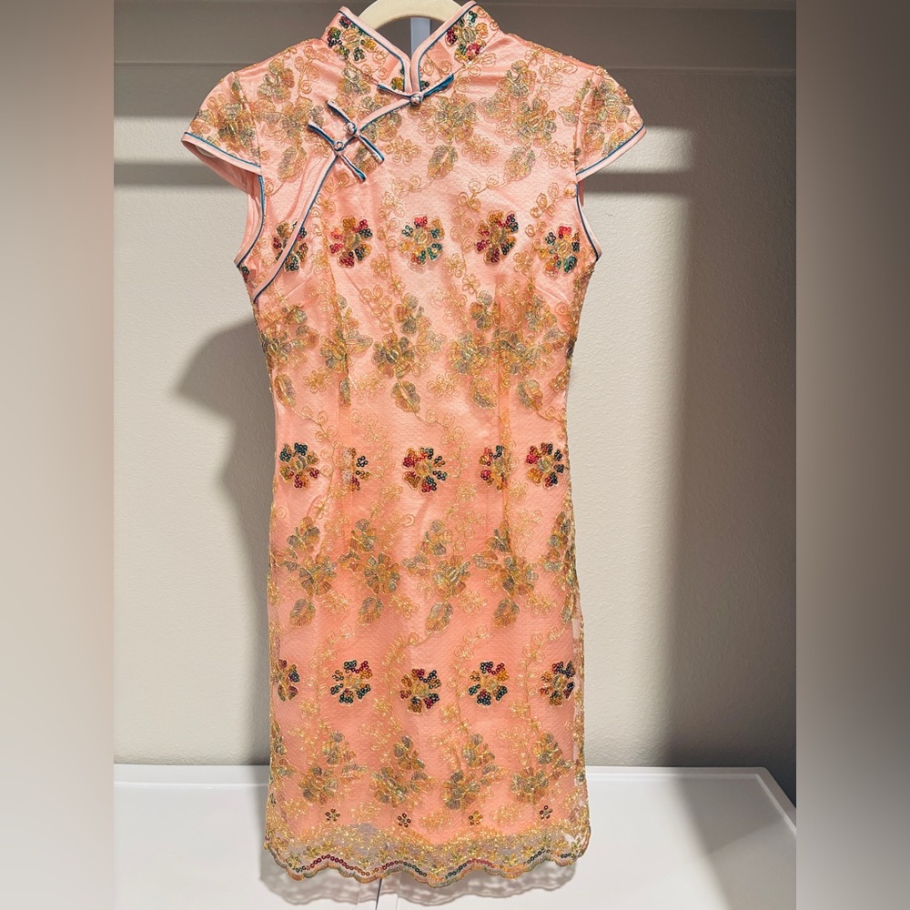Elegant Floral Embroidered Dress qipao cheongsam peach pink gold sequin size0